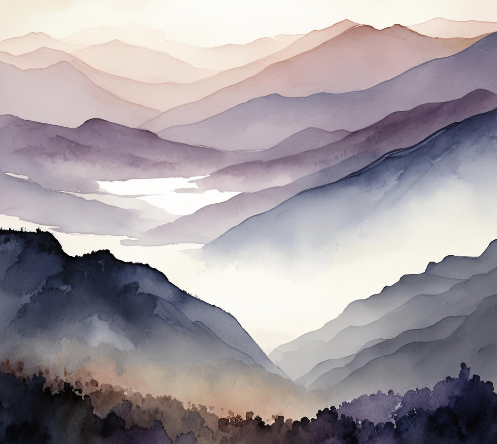 Mountain Sunrise Watercolor Print, Soft Pastel Landscape Wall Art, Nature Inspired Canvas Art, Misty Scenic Poster Home Decor