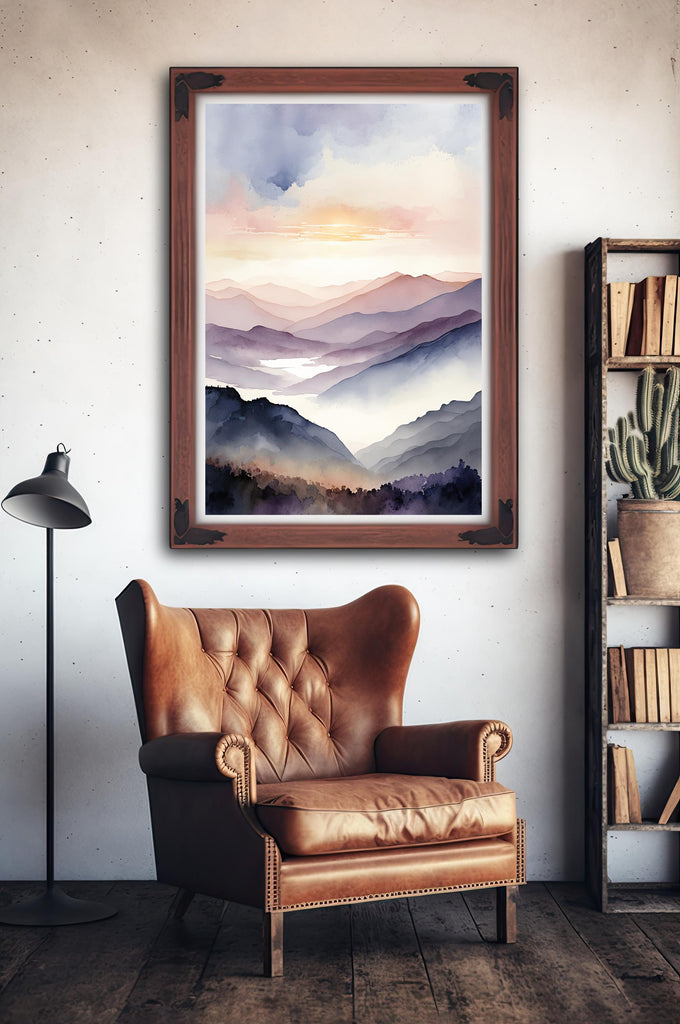 Mountain Sunrise Watercolor Print, Soft Pastel Landscape Wall Art, Nature Inspired Canvas Art, Misty Scenic Poster Home Decor