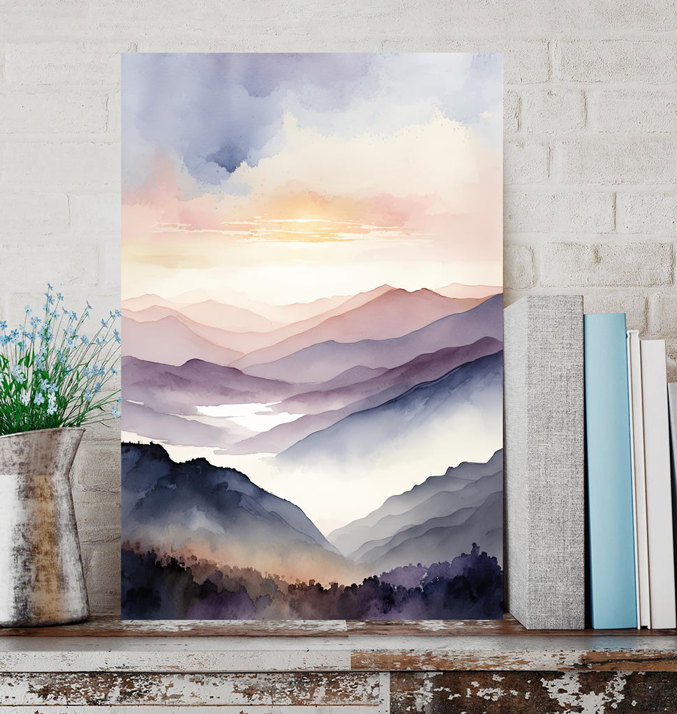 Mountain Sunrise Watercolor Print, Soft Pastel Landscape Wall Art, Nature Inspired Canvas Art, Misty Scenic Poster Home Decor