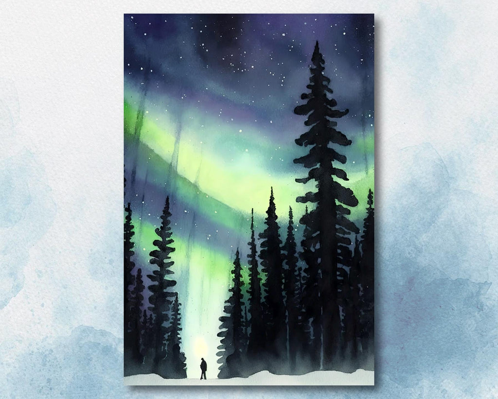 Winter Forest Aurora Borealis Watercolor Print, Northern Lights Landscape Wall Art, Starry Night Canvas Art, Nature-Inspired Home Decor