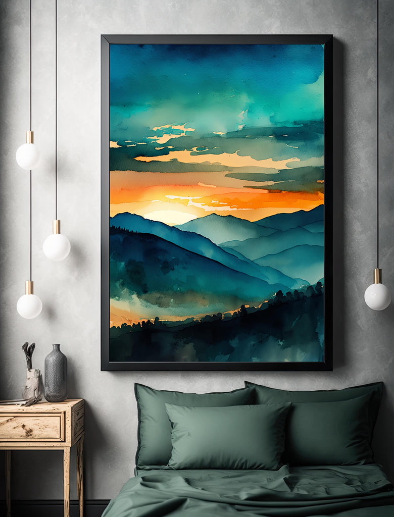 Mountain Sunset Watercolor Print, Teal and Orange Landscape Poster, Nature Inspired Canvas Art, Scenic Wall Art Home Decor