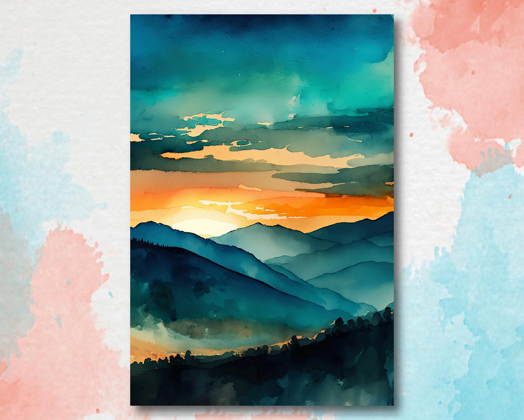 Mountain Sunset Watercolor Print, Teal and Orange Landscape Poster, Nature Inspired Canvas Art, Scenic Wall Art Home Decor