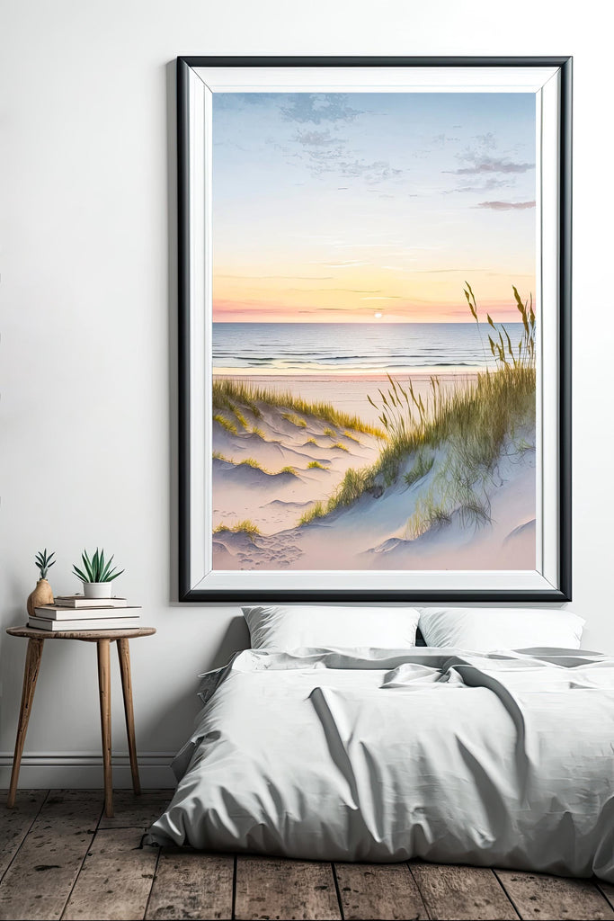 Beach Sunset Watercolor Print, Coastal Landscape Poster, Nature Inspired Canvas Art, Sand Dunes Wall Art Home Decor