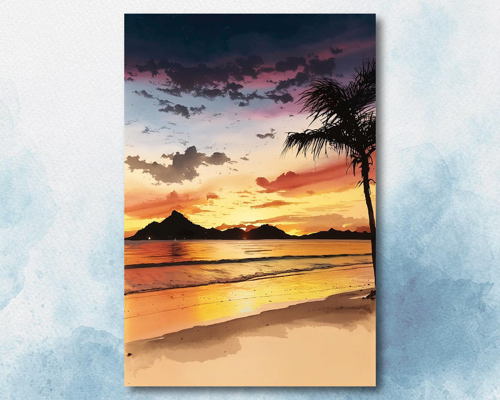 Tropical Beach Sunset Watercolor Print, Island Landscape Wall Art, Nature Inspired Canvas Art, Palm Tree Poster Home Decor