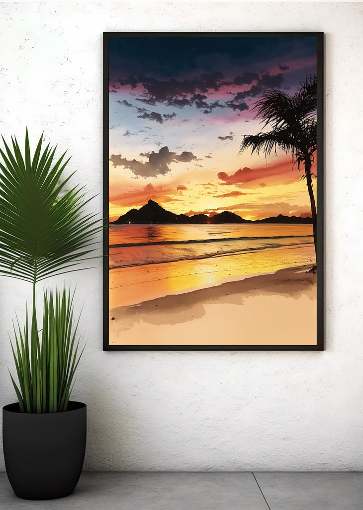 Tropical Beach Sunset Watercolor Print, Island Landscape Wall Art, Nature Inspired Canvas Art, Palm Tree Poster Home Decor