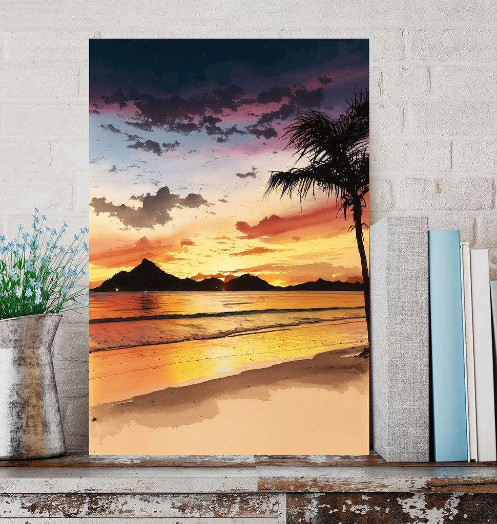 Tropical Beach Sunset Watercolor Print, Island Landscape Wall Art, Nature Inspired Canvas Art, Palm Tree Poster Home Decor