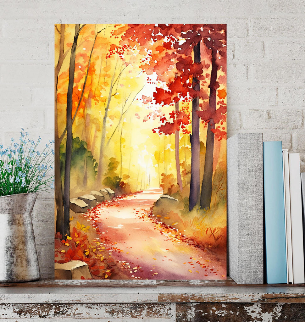 Autumn Forest Path Watercolor Print, Fall Foliage Landscape Poster, Nature Inspired Canvas Art, Woodland Scene Wall Art Home Decor