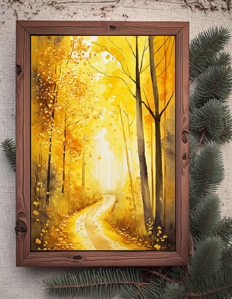 Golden Autumn Forest Path Watercolor Print, Fall Foliage Landscape Poster, Nature Inspired Canvas Art, Woodland Scene Wall Art Home Decor