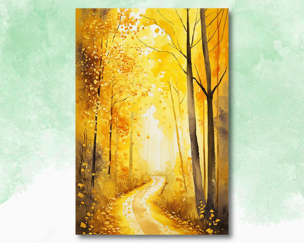 Golden Autumn Forest Path Watercolor Print, Fall Foliage Landscape Poster, Nature Inspired Canvas Art, Woodland Scene Wall Art Home Decor