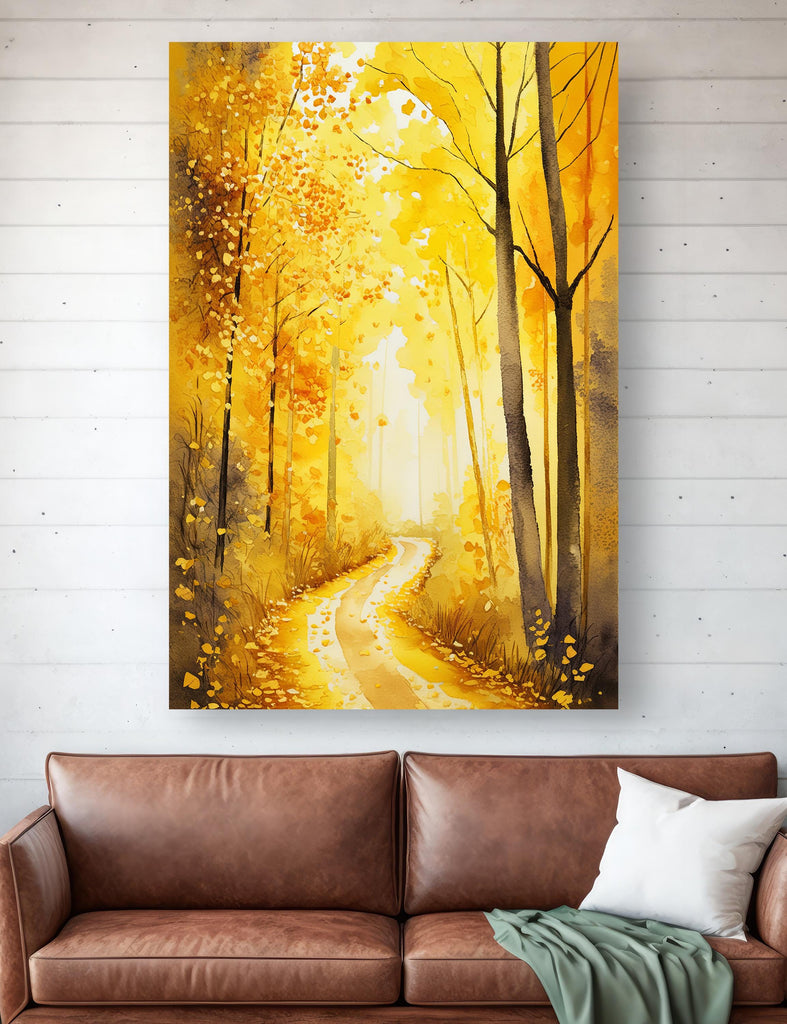 Golden Autumn Forest Path Watercolor Print, Fall Foliage Landscape Poster, Nature Inspired Canvas Art, Woodland Scene Wall Art Home Decor