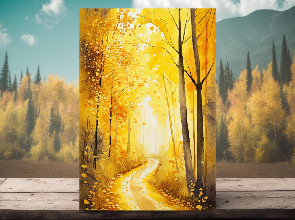 Golden Autumn Forest Path Watercolor Print, Fall Foliage Landscape Poster, Nature Inspired Canvas Art, Woodland Scene Wall Art Home Decor