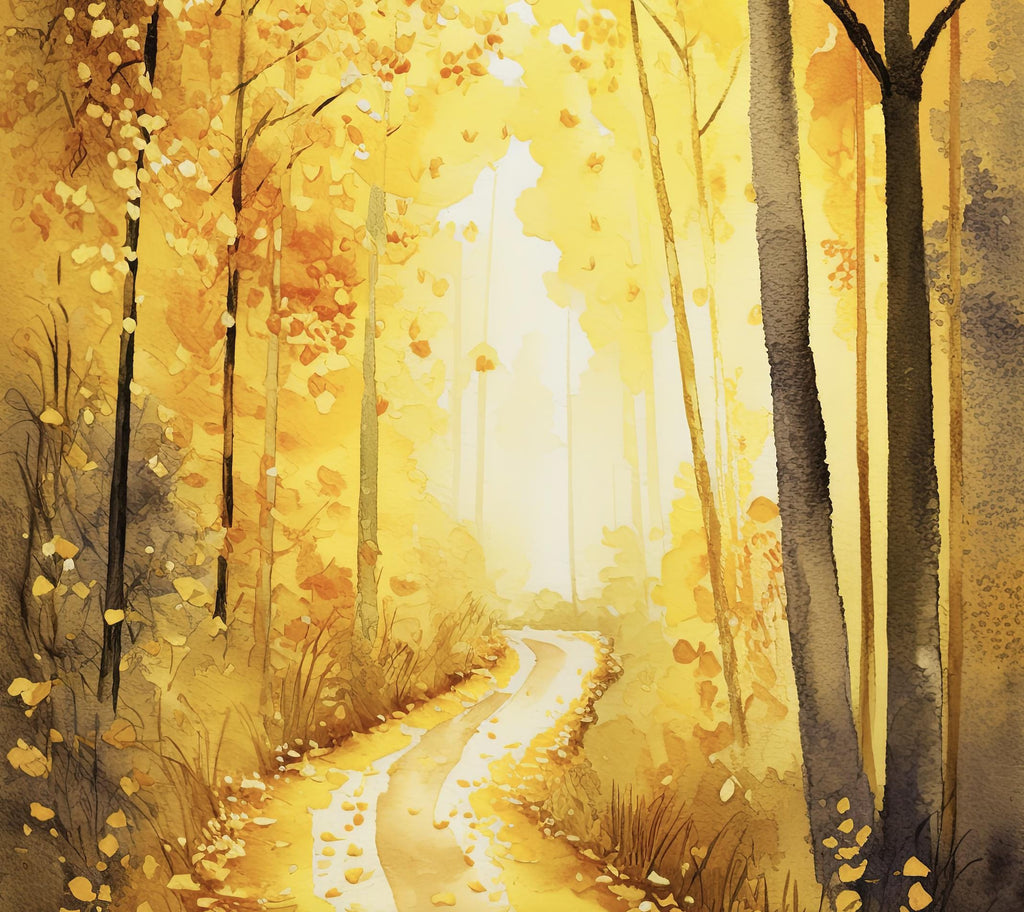 Golden Autumn Forest Path Watercolor Print, Fall Foliage Landscape Poster, Nature Inspired Canvas Art, Woodland Scene Wall Art Home Decor