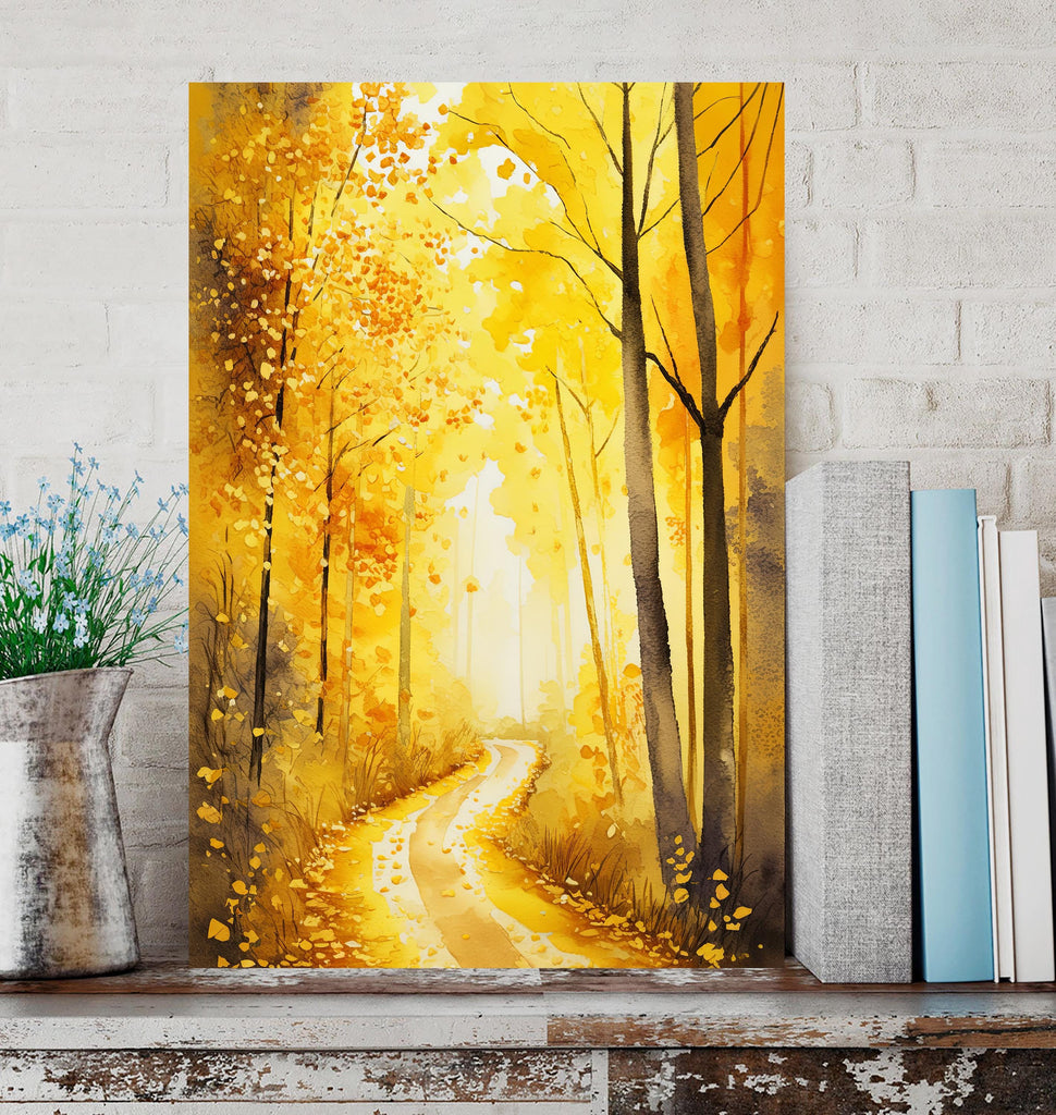 Golden Autumn Forest Path Watercolor Print, Fall Foliage Landscape Poster, Nature Inspired Canvas Art, Woodland Scene Wall Art Home Decor