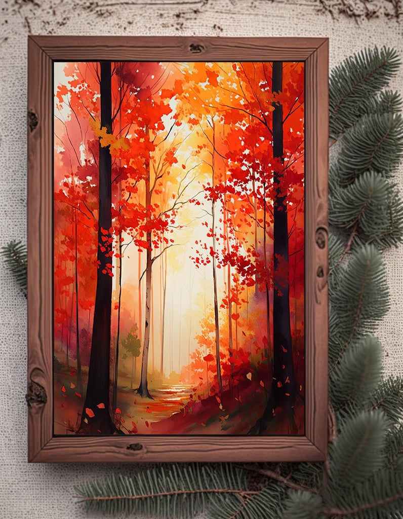 Red Autumn Forest Watercolor Print, Fall Foliage Landscape Poster, Nature Inspired Canvas Art, Woodland Scene Wall Art Home Decor