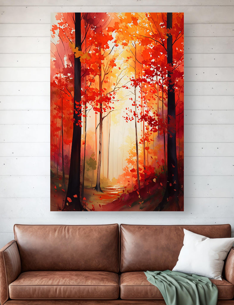 Red Autumn Forest Watercolor Print, Fall Foliage Landscape Poster, Nature Inspired Canvas Art, Woodland Scene Wall Art Home Decor