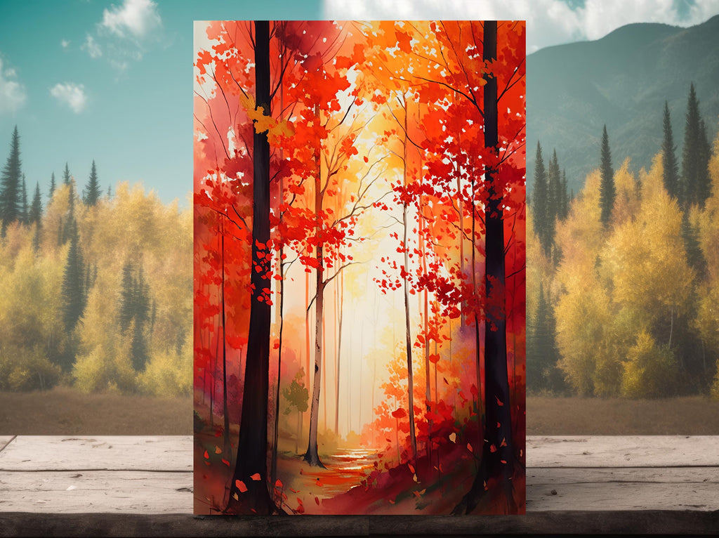 Red Autumn Forest Watercolor Print, Fall Foliage Landscape Poster, Nature Inspired Canvas Art, Woodland Scene Wall Art Home Decor