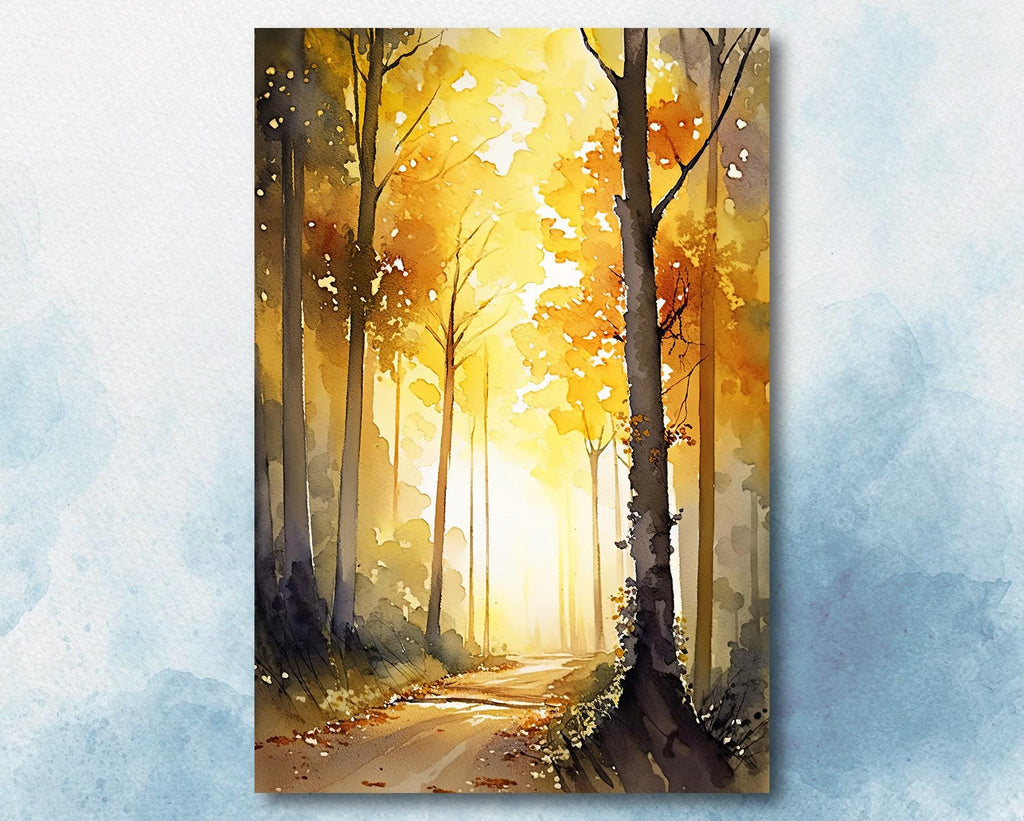 Golden Autumn Forest Path Watercolor Print, Yellow Fall Foliage Landscape Poster, Nature Inspired Canvas Art, Woodland Wall Art Home Decor