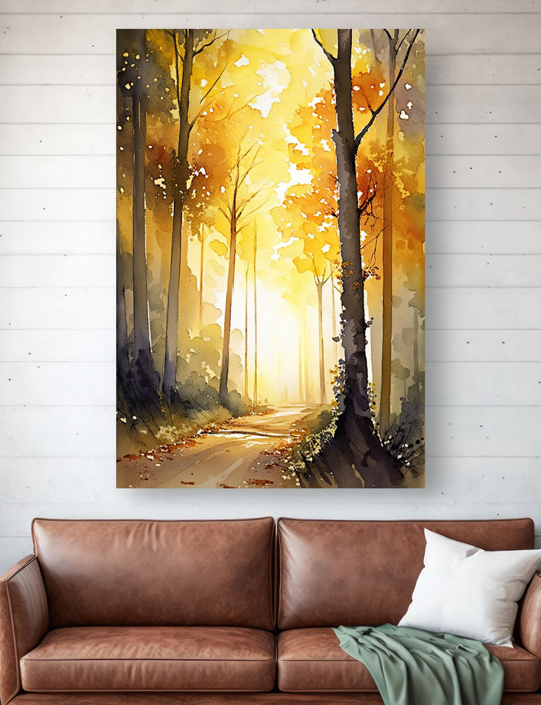 Golden Autumn Forest Path Watercolor Print, Yellow Fall Foliage Landscape Poster, Nature Inspired Canvas Art, Woodland Wall Art Home Decor