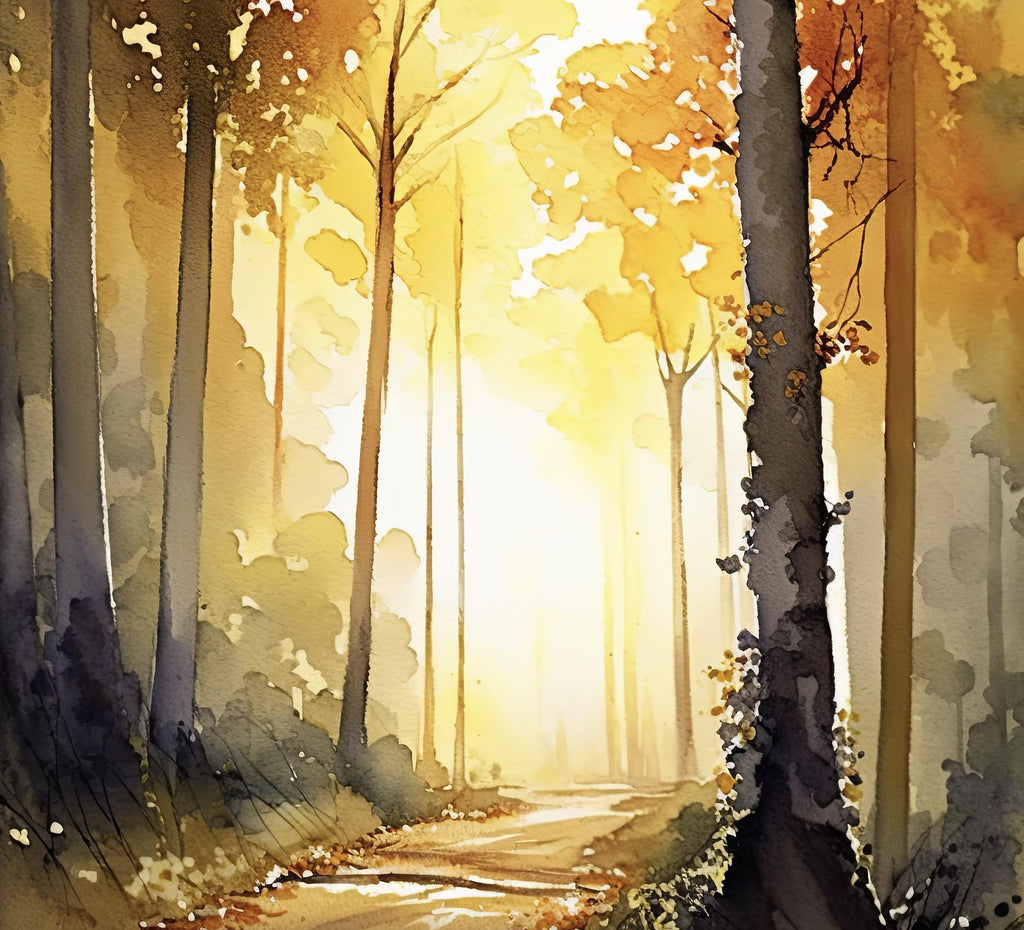 Golden Autumn Forest Path Watercolor Print, Yellow Fall Foliage Landscape Poster, Nature Inspired Canvas Art, Woodland Wall Art Home Decor