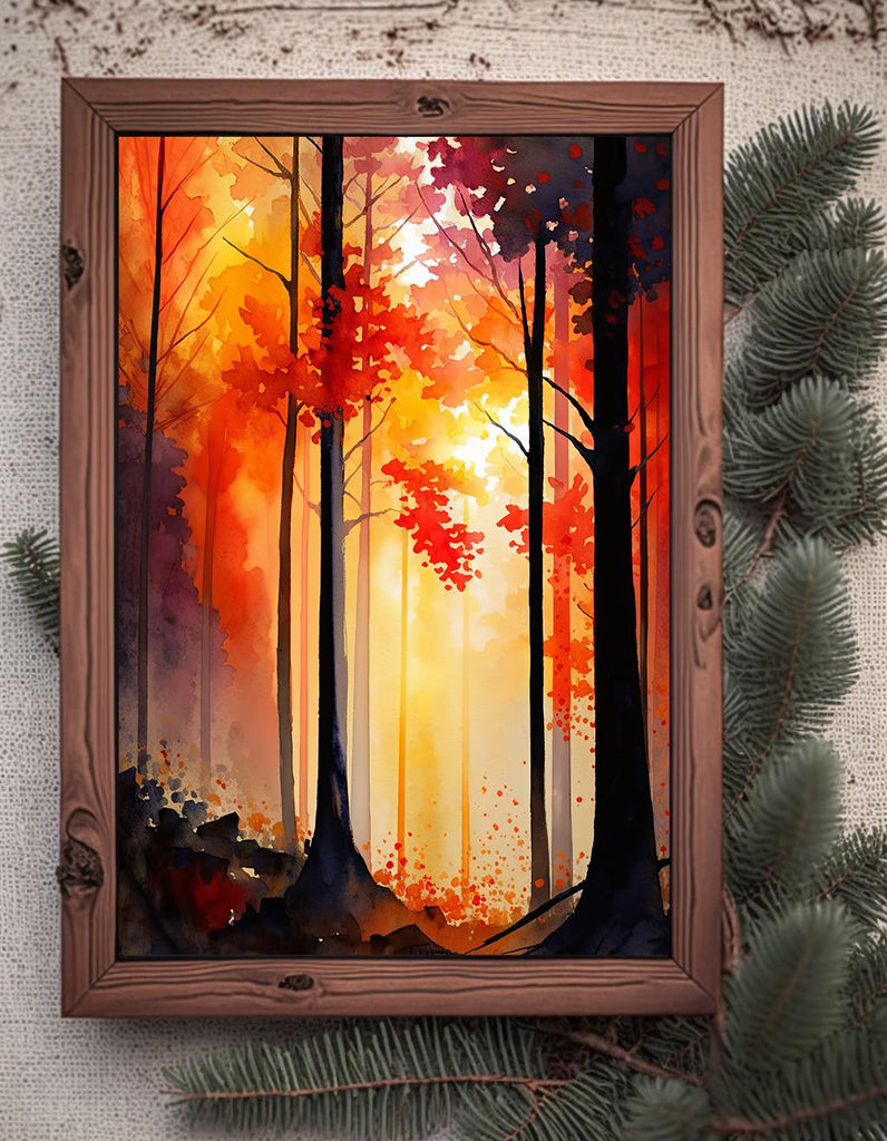 Red Autumn Forest Watercolor Print, Fall Foliage Landscape Poster, Nature Inspired Canvas Art, Woodland Scene Wall Art Home Decor