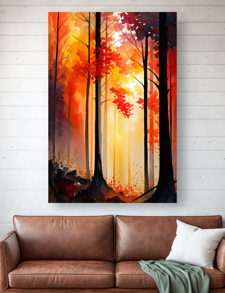 Red Autumn Forest Watercolor Print, Fall Foliage Landscape Poster, Nature Inspired Canvas Art, Woodland Scene Wall Art Home Decor