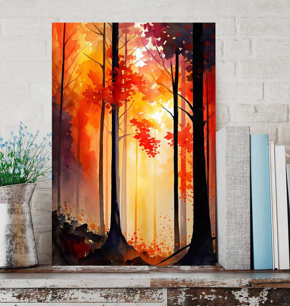 Red Autumn Forest Watercolor Print, Fall Foliage Landscape Poster, Nature Inspired Canvas Art, Woodland Scene Wall Art Home Decor