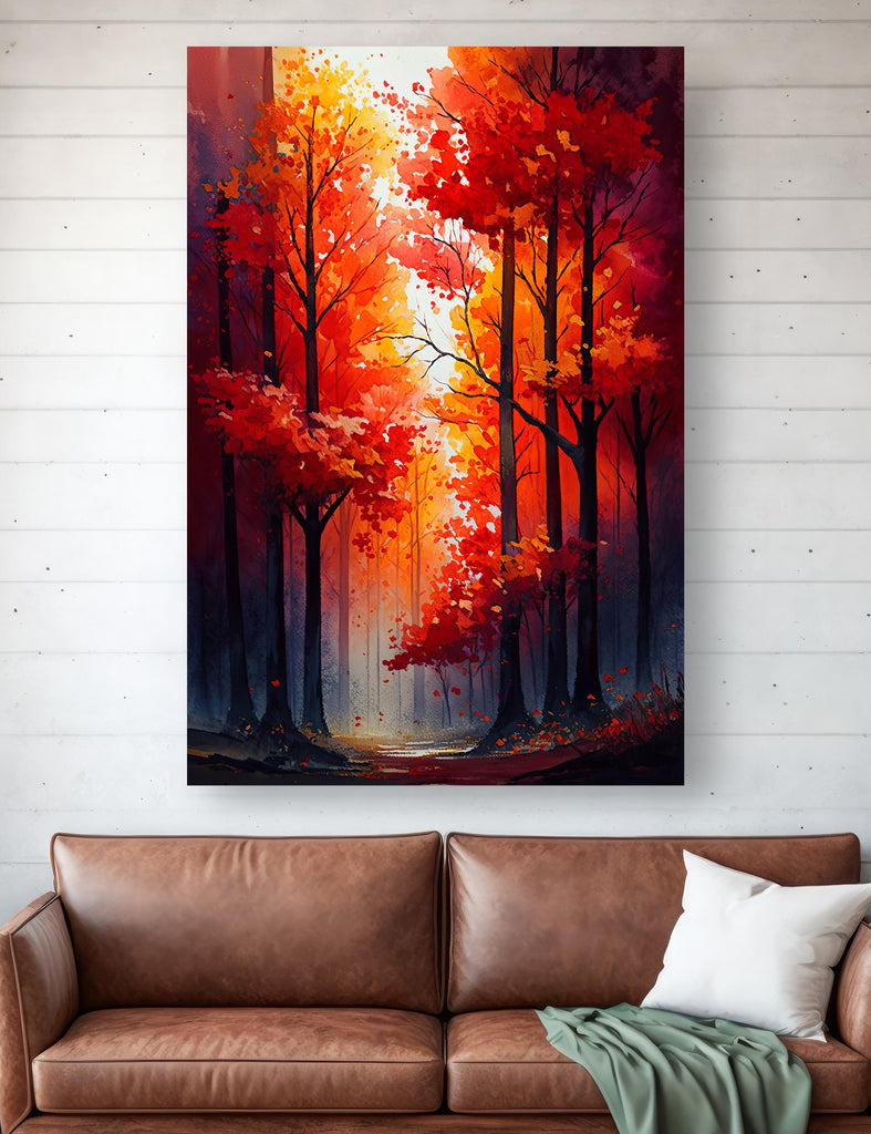 Red Autumn Forest Watercolor Print, Fall Foliage Landscape Poster, Nature Inspired Canvas Art, Woodland Scene Wall Art Home Decor