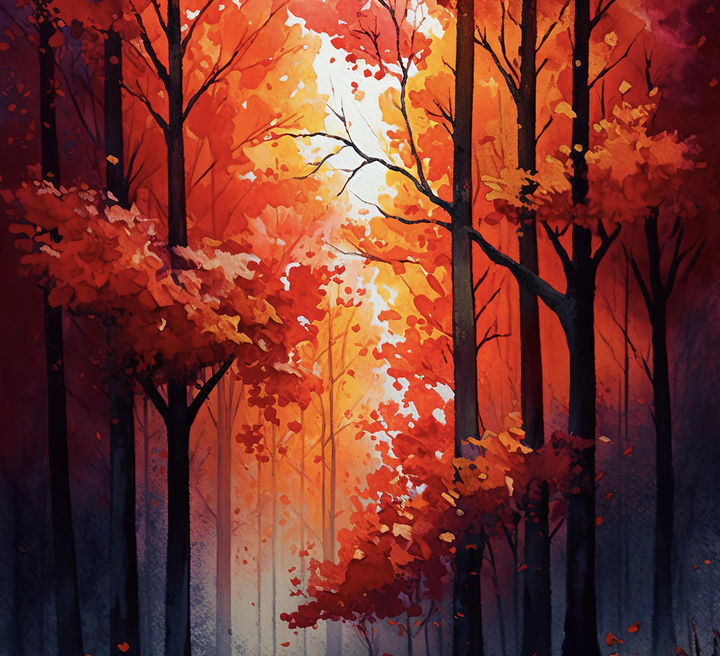 Red Autumn Forest Watercolor Print, Fall Foliage Landscape Poster, Nature Inspired Canvas Art, Woodland Scene Wall Art Home Decor