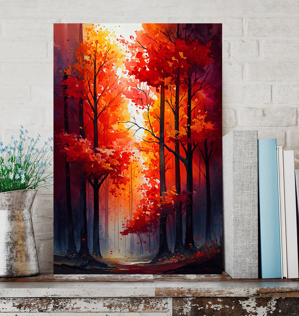 Red Autumn Forest Watercolor Print, Fall Foliage Landscape Poster, Nature Inspired Canvas Art, Woodland Scene Wall Art Home Decor