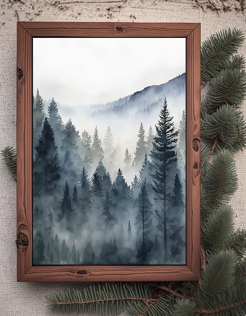 Forest Mountain Watercolor Print, Foggy Landscape Wall Art, Nature Inspired Canvas Art, Dark Evergreen Tree Poster, Woodland Home Decor