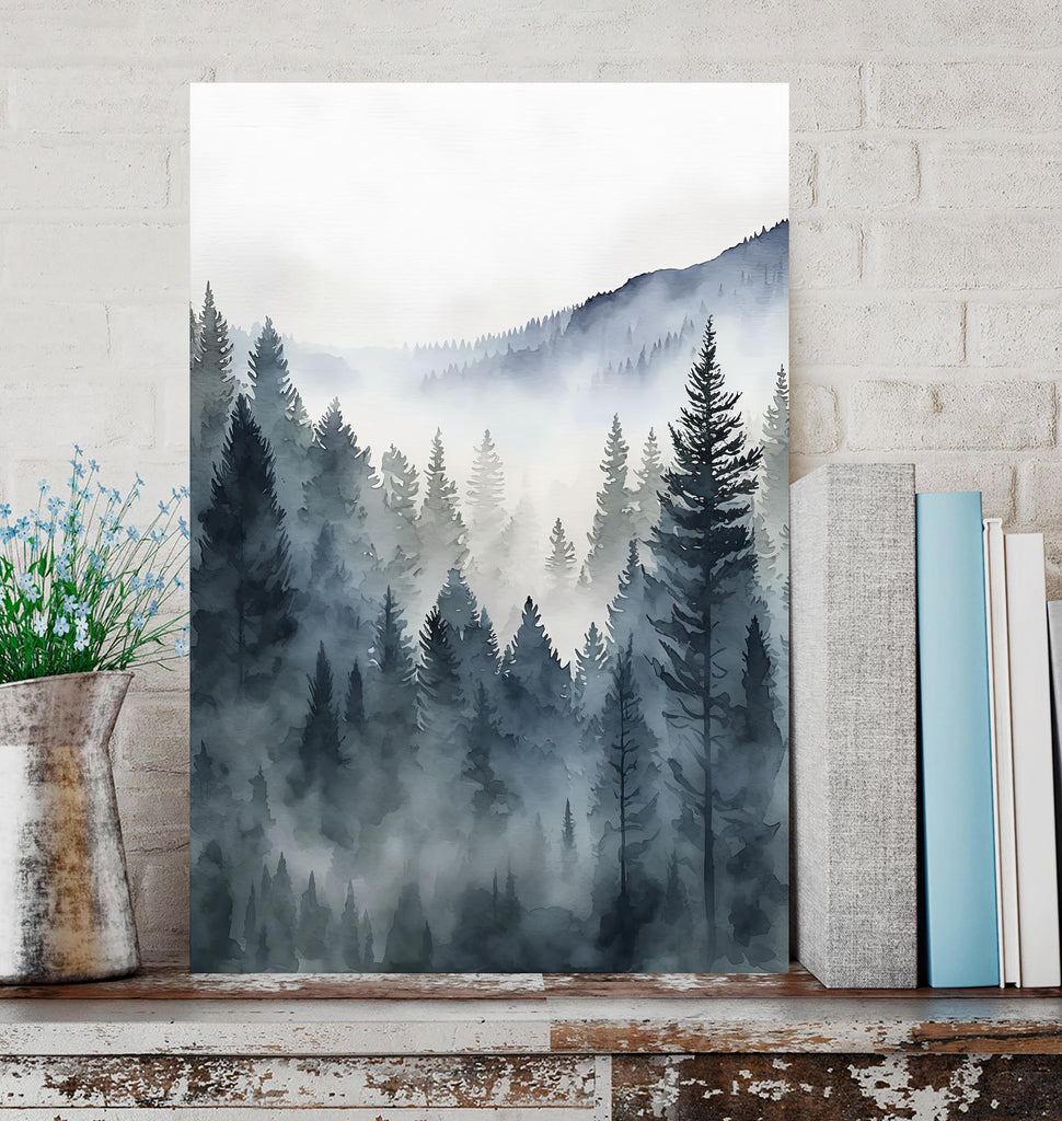 Forest Mountain Watercolor Print, Foggy Landscape Wall Art, Nature Inspired Canvas Art, Dark Evergreen Tree Poster, Woodland Home Decor