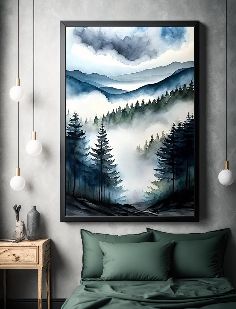 Forest Mountain Watercolor Print, Foggy Landscape Wall Art, Nature Inspired Canvas Art, Dark Evergreen Tree Poster, Woodland Home Decor