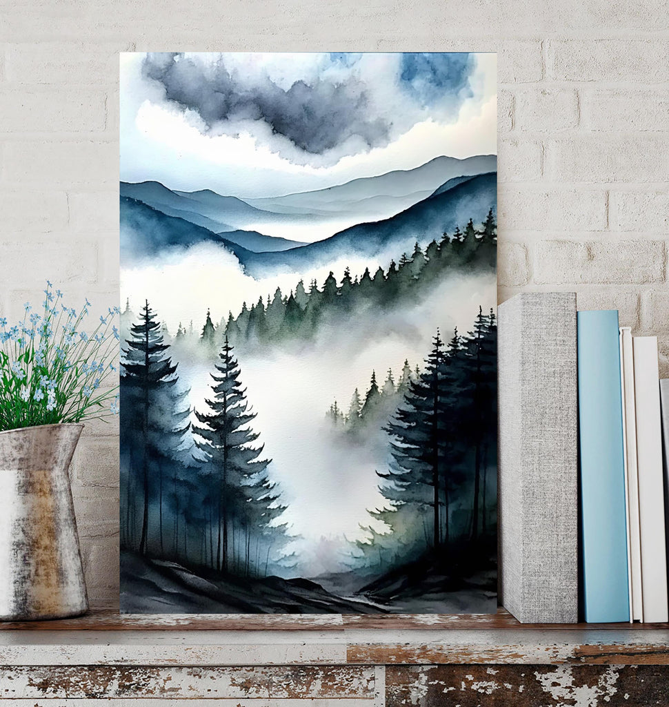 Forest Mountain Watercolor Print, Foggy Landscape Wall Art, Nature Inspired Canvas Art, Dark Evergreen Tree Poster, Woodland Home Decor