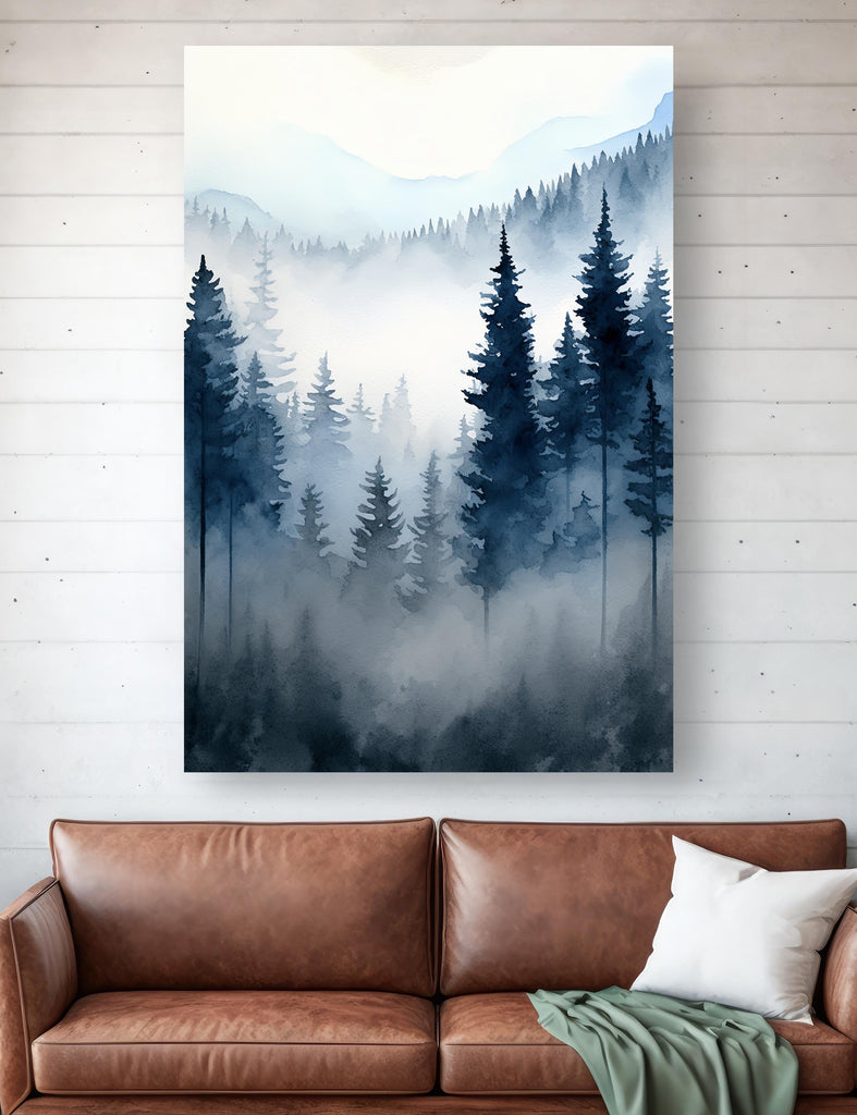 Forest Mountain Watercolor Print, Foggy Landscape Wall Art, Nature Inspired Canvas Art, Dark Evergreen Tree Poster, Woodland Home Decor