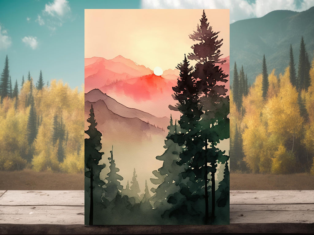 Sunrise Forest Watercolor Print, Mountain Landscape Sunset Wall Art, Nature Inspired Canvas Art, Misty Morning Poster, Woodland Decor