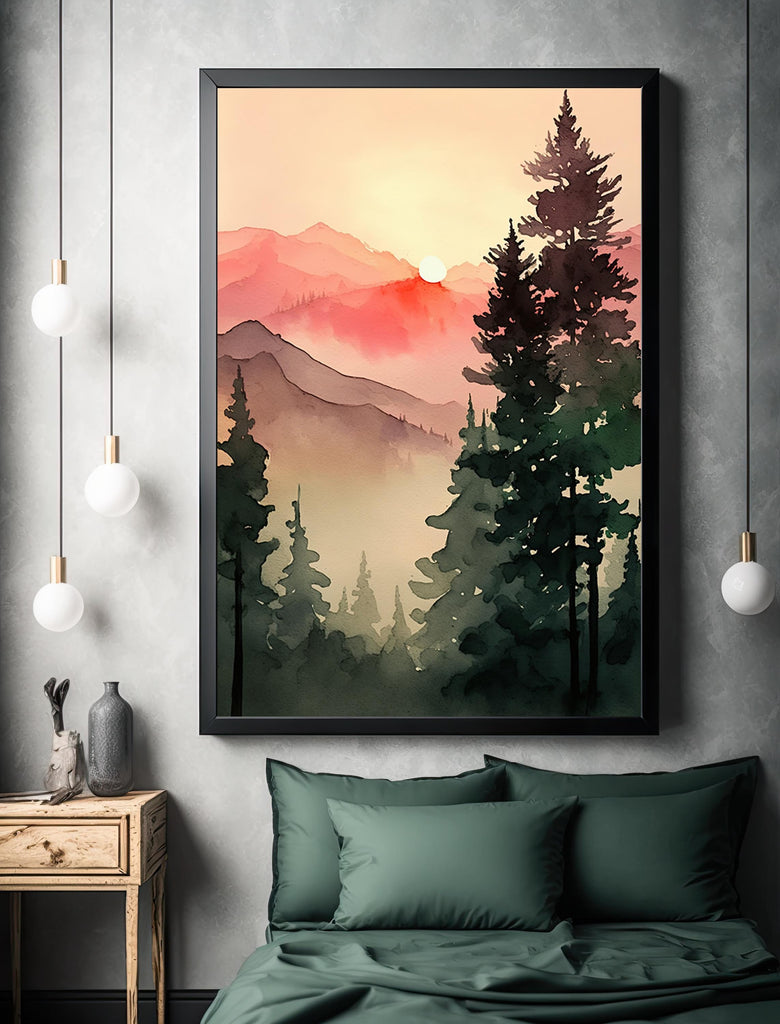 Sunrise Forest Watercolor Print, Mountain Landscape Sunset Wall Art, Nature Inspired Canvas Art, Misty Morning Poster, Woodland Decor