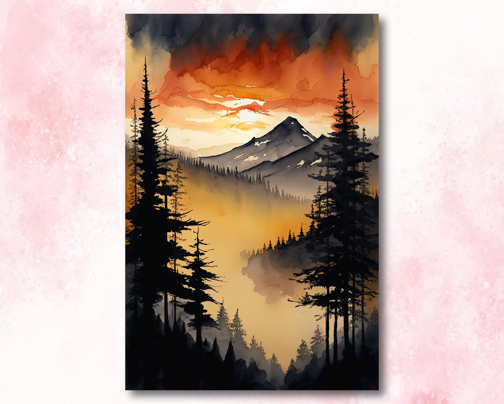 Sunset Forest Watercolor Print, Mountain Landscape Wall Art, Nature Inspired Canvas Art, Misty Morning Poster, Woodland Decor