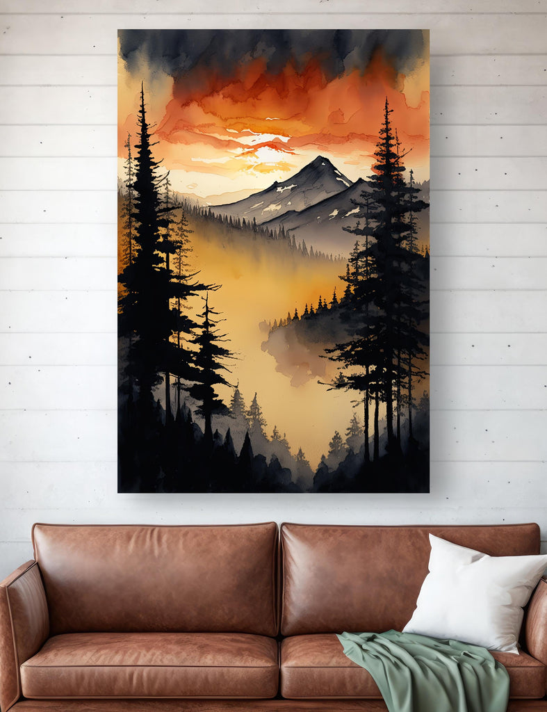 Sunset Forest Watercolor Print, Mountain Landscape Wall Art, Nature Inspired Canvas Art, Misty Morning Poster, Woodland Decor