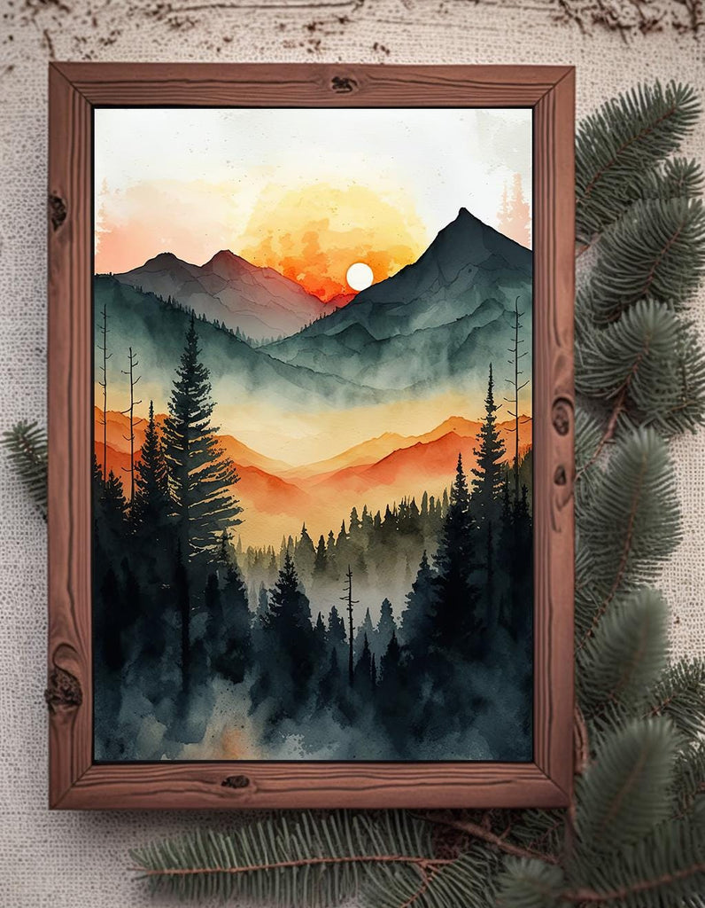 Sunrise Forest Watercolor Print, Mountain Landscape Sunset Wall Art, Nature Inspired Canvas Art, Misty Morning Poster, Woodland Decor