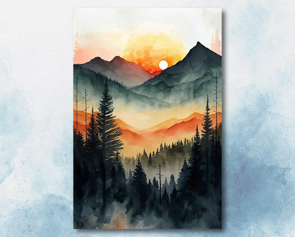 Sunrise Forest Watercolor Print, Mountain Landscape Sunset Wall Art, Nature Inspired Canvas Art, Misty Morning Poster, Woodland Decor