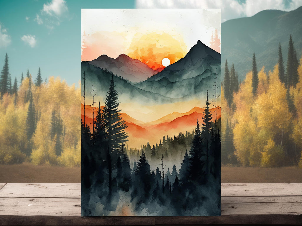 Sunrise Forest Watercolor Print, Mountain Landscape Sunset Wall Art, Nature Inspired Canvas Art, Misty Morning Poster, Woodland Decor