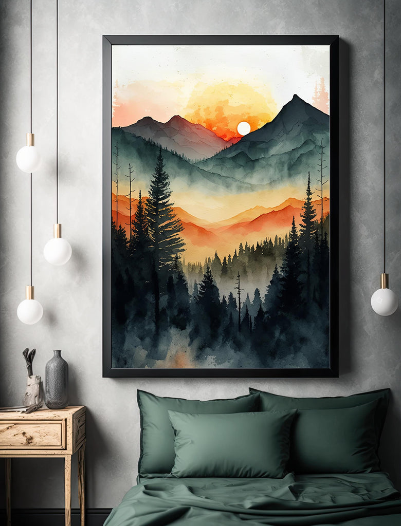 Sunrise Forest Watercolor Print, Mountain Landscape Sunset Wall Art, Nature Inspired Canvas Art, Misty Morning Poster, Woodland Decor