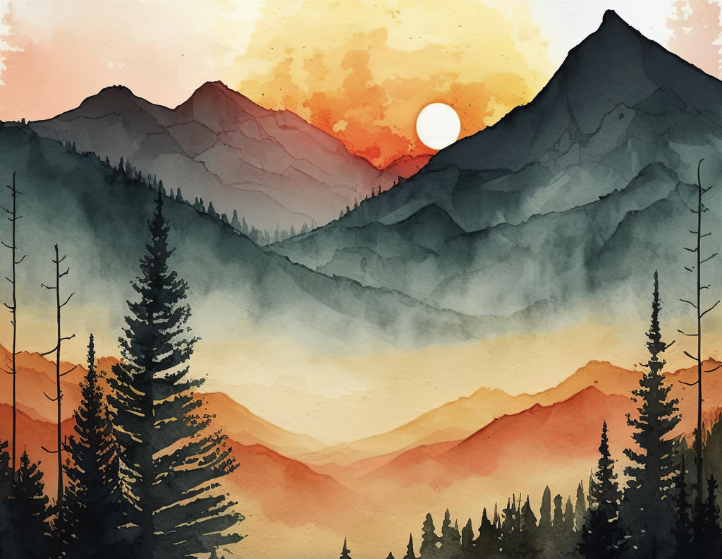 Sunrise Forest Watercolor Print, Mountain Landscape Sunset Wall Art, Nature Inspired Canvas Art, Misty Morning Poster, Woodland Decor