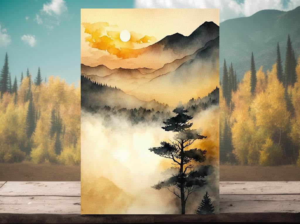 Sunset Forest Watercolor Print, Foggy Mountain Landscape Poster, Sunrise Nature Inspired Canvas Art, Misty Woodland Wall Art Home Decor