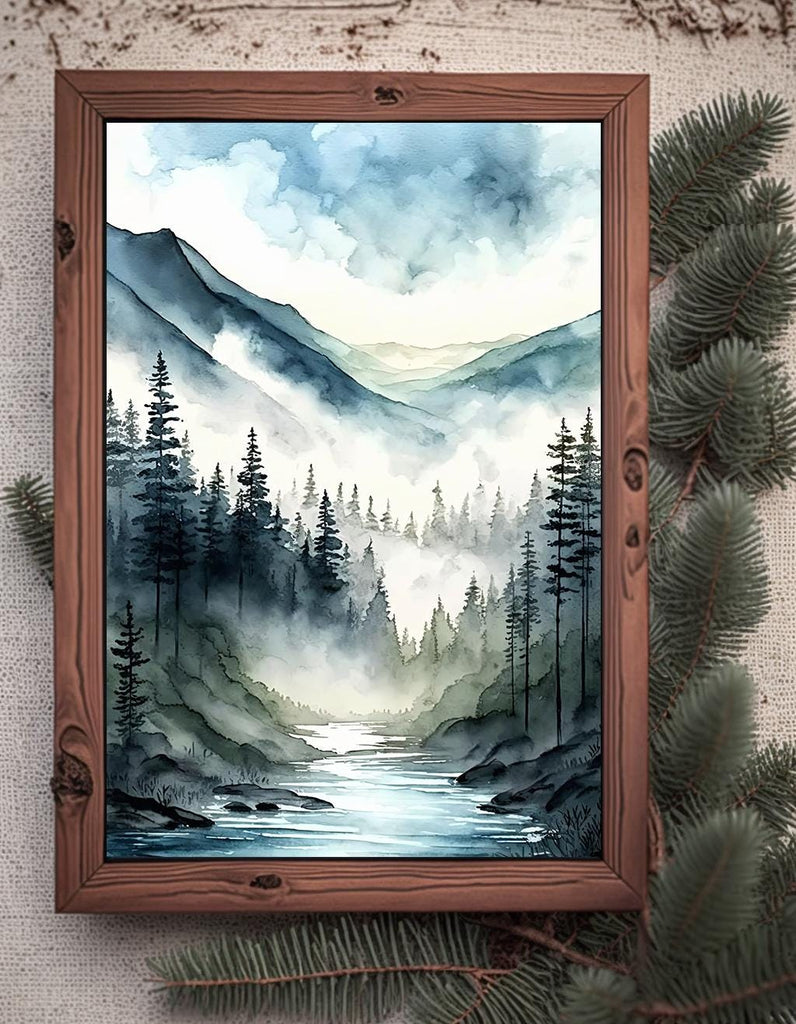 Misty Mountain River Watercolor Print, Forest Landscape Wall Art, Nature Inspired Canvas, Serene Woodland Poster, Foggy Valley Home Decor