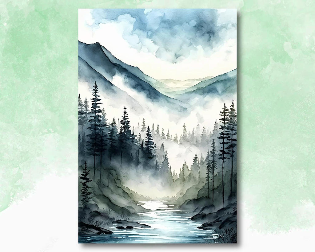 Misty Mountain River Watercolor Print, Forest Landscape Wall Art, Nature Inspired Canvas, Serene Woodland Poster, Foggy Valley Home Decor