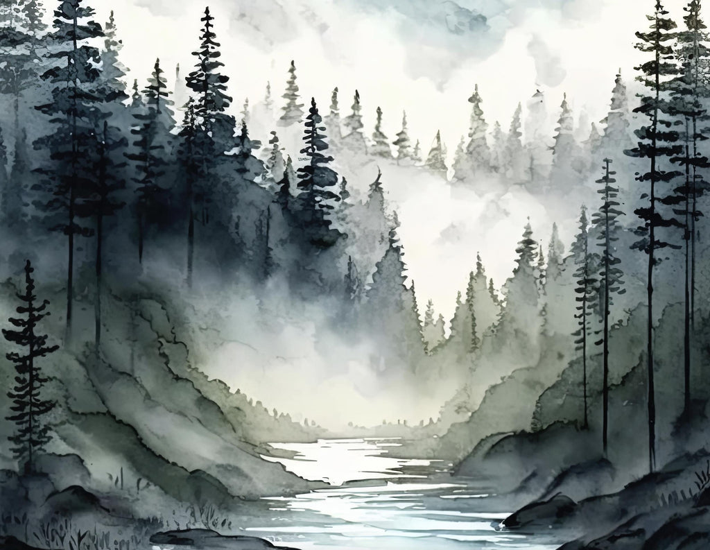 Misty Mountain River Watercolor Print, Forest Landscape Wall Art, Nature Inspired Canvas, Serene Woodland Poster, Foggy Valley Home Decor