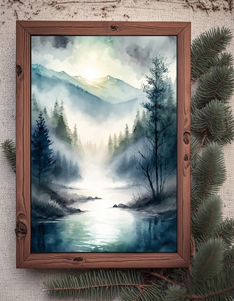 Misty Mountain River Watercolor Print, Forest Landscape Wall Art, Nature Inspired Canvas, Serene Woodland Poster, Foggy Valley Home Decor