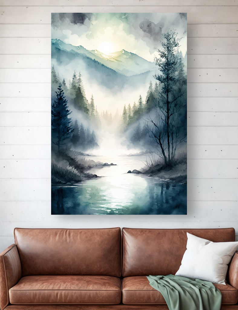 Misty Mountain River Watercolor Print, Forest Landscape Wall Art, Nature Inspired Canvas, Serene Woodland Poster, Foggy Valley Home Decor