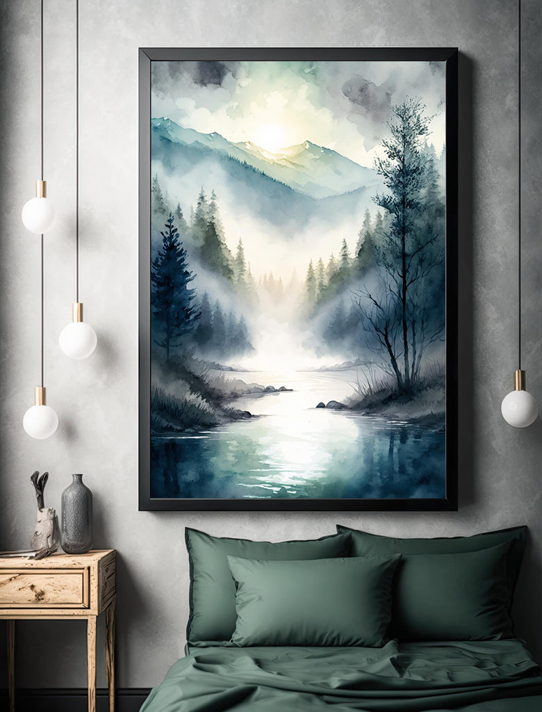 Misty Mountain River Watercolor Print, Forest Landscape Wall Art, Nature Inspired Canvas, Serene Woodland Poster, Foggy Valley Home Decor